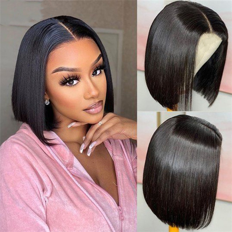 250% Density Bob 4x4 Lace Closure Wigs Glueless Wear Go Lace Wigs Natural Color 100% Unprocessed Human Hair Wigs