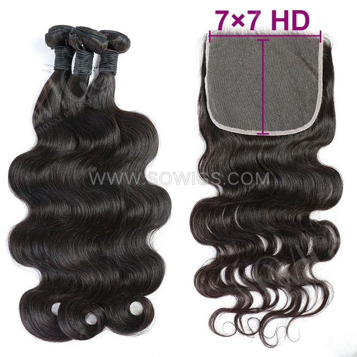 Sowigs One Donors Virgin Hair 3 Bundles with 7x7 HD And Transparent Lace Closure