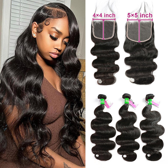 3 Bundle Match 4x4 /5x5 Hd Lace Closure Premium Various Style 100% unprocessed Virgin Human Hair Extension Natural Color