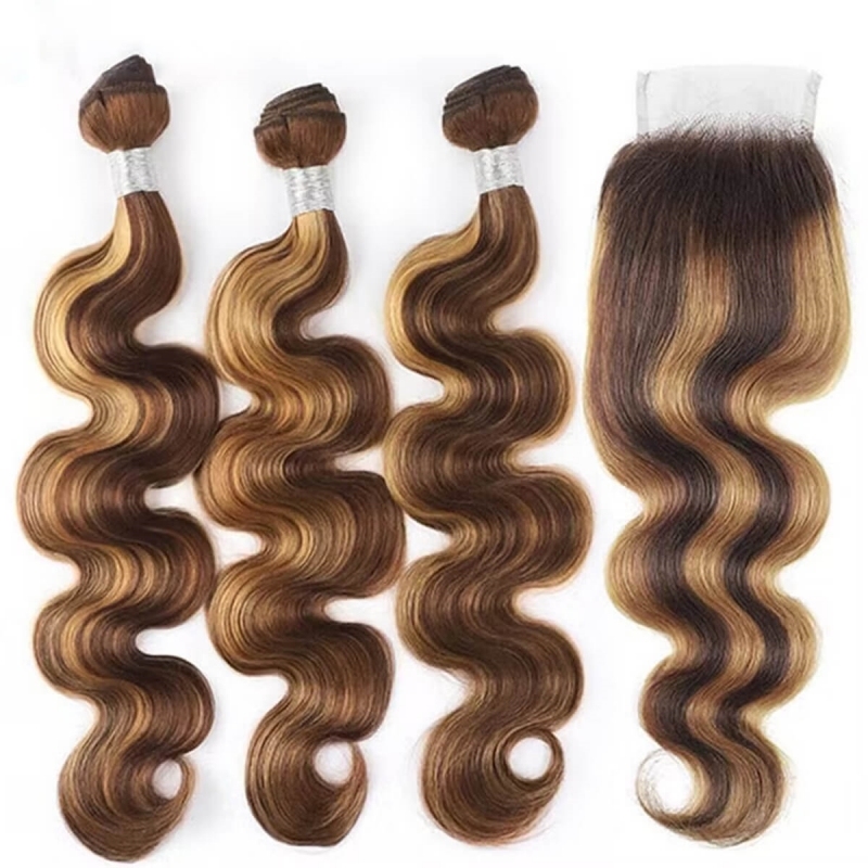 Sowigs One Donors Hair Color P4/27 3 Bundles with 4x4 and 5x5 Transparent Lace Closure