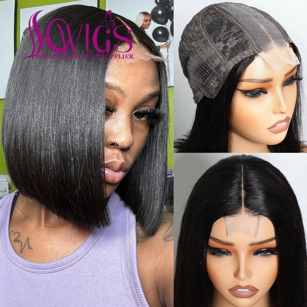 Glueless Raw Bob 2x6 Transparent Lace Wigs 250% density Bone Straight 100% Unprocessed Virgin Human Hair