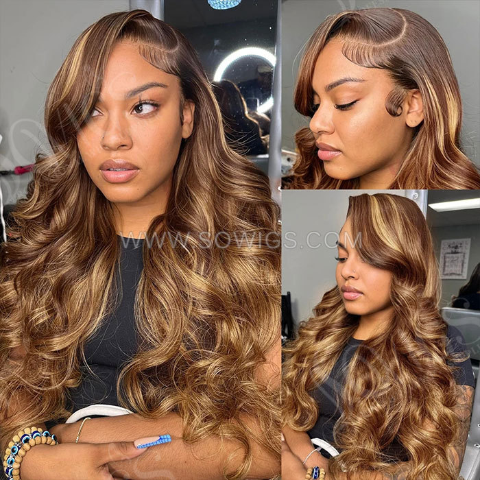 Glueless Highlight Color P4/27# 13x4 HD Lace Frontal Wigs Wear Go 100% Virgin Human Hair Wig