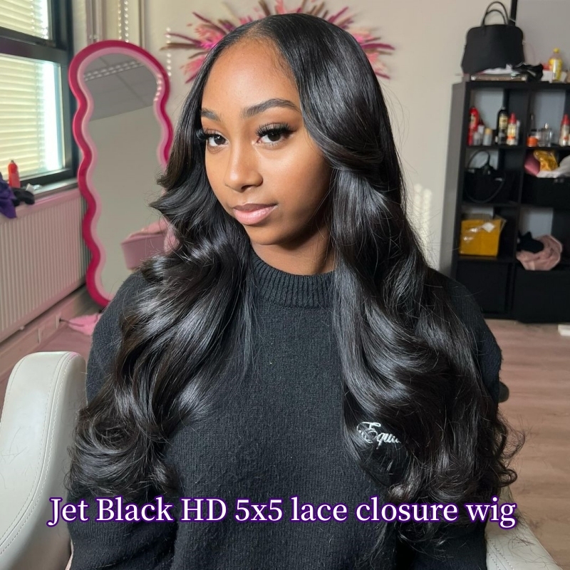 Jet Black Color 1# HD 5x5 Lace Closure Wig Unprocessed 100% Virgin Human Hair