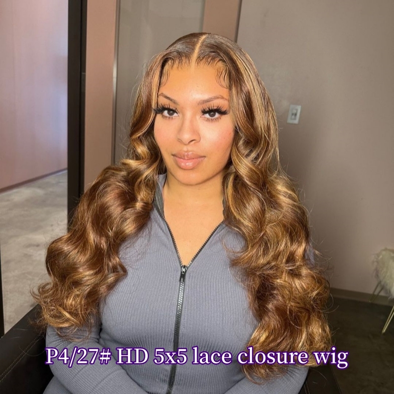 Highlighted Color P4/27# HD 5x5 Lace Closure Wig Unprocessed 100% Virgin Human Hair Wig