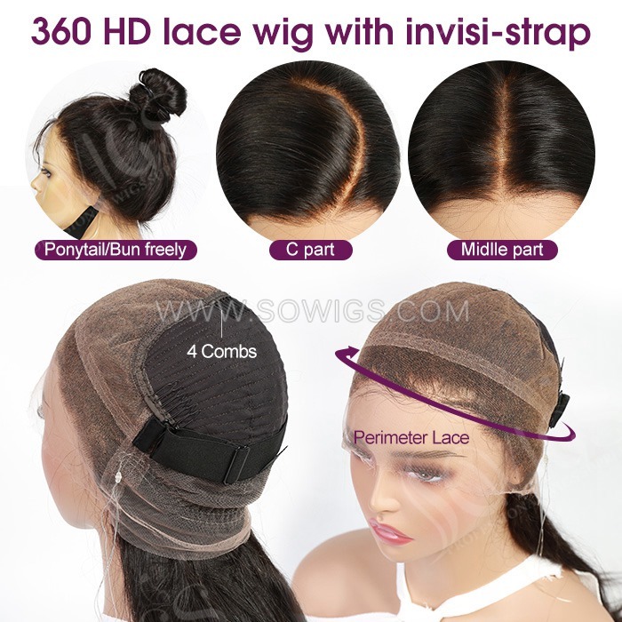 Invisi-Strap 360 HD Lace Wigs Glueless Wear Go Virgin Human Hair Wigs Natural Color