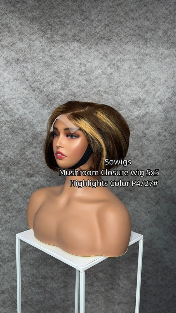 Color P4/27# 10inch Mushroom Wig 5x5 Lace Closure Wig 300% Density 100% RAW Hair Wig