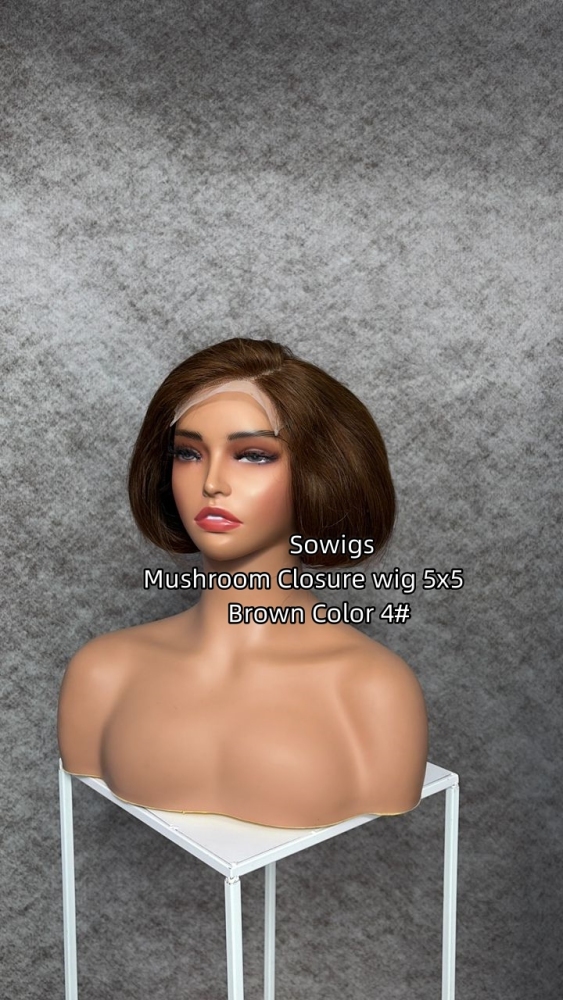 Color 4# Mushroom Wig 5x5 Lace Closure Wig 300% Density 100% RAW Hair Wig