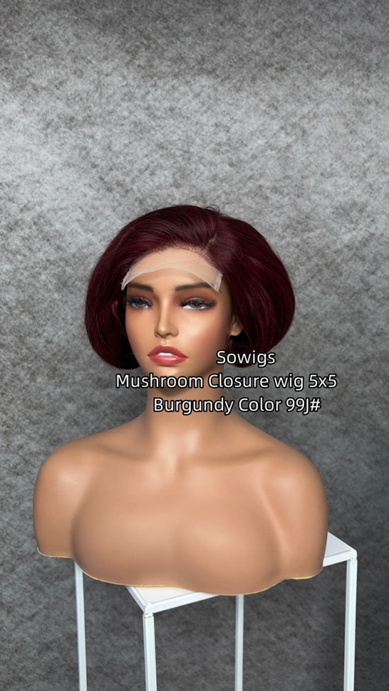 Color 99J# 10inch Mushroom Wig 5x5 Lace Closure Wig 300% Density 100% RAW Hair Wig