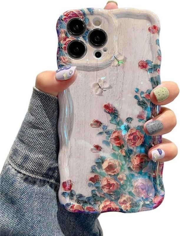 iPhone 15promax Case Colorful Retro Oil Painting Printed Flower Laser Glossy Pattern Cute Curly Wave Edge Exquisite