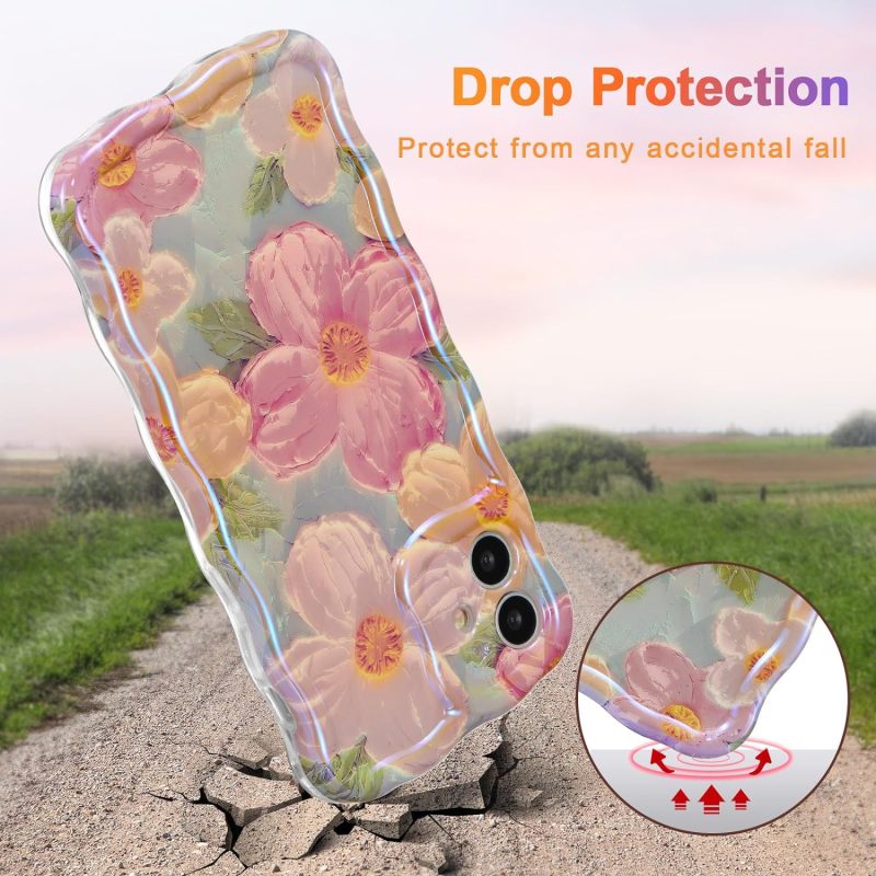 iPhone 15promax Case Colorful Retro Oil Painting Printed Flower Laser Glossy Pattern Cute Curly Wave Edge Exquisite