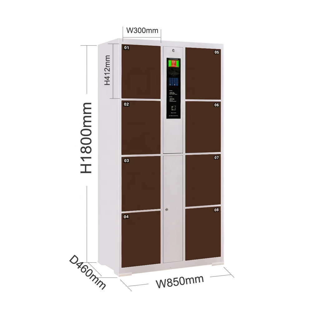 Efficient Environmental Protection Package Locker Brown 8 Door Fingerprint Identification Villa / Bar Metal Locker