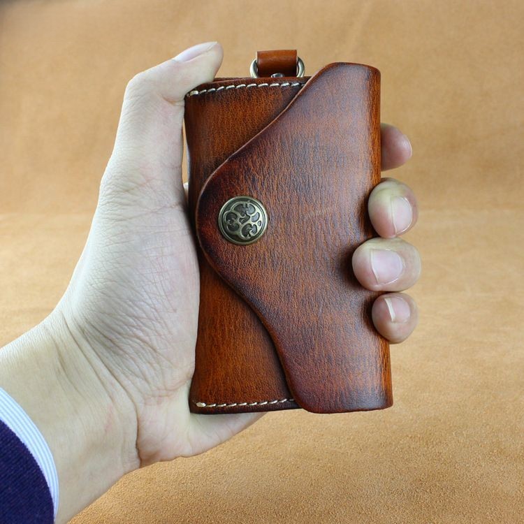 Car Key case,Genuine Leather Car Key Chain Keychain Holder Metal Hook and Keyring Zipper Bag for Remote Key Fob