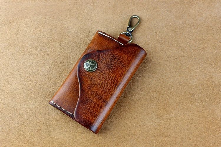 Car Key case,Genuine Leather Car Key Chain Keychain Holder Metal Hook and Keyring Zipper Bag for Remote Key Fob