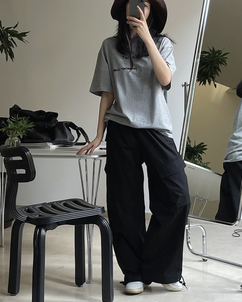 Japanese street stretchy drawstring overalls loose-fitting slim high waisted leg straight leg casual pants