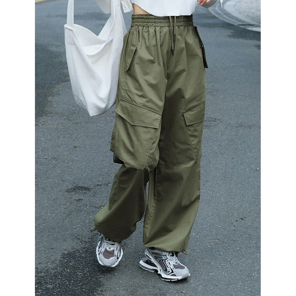 Japanese street stretchy drawstring overalls loose-fitting slim high waisted leg straight leg casual pants