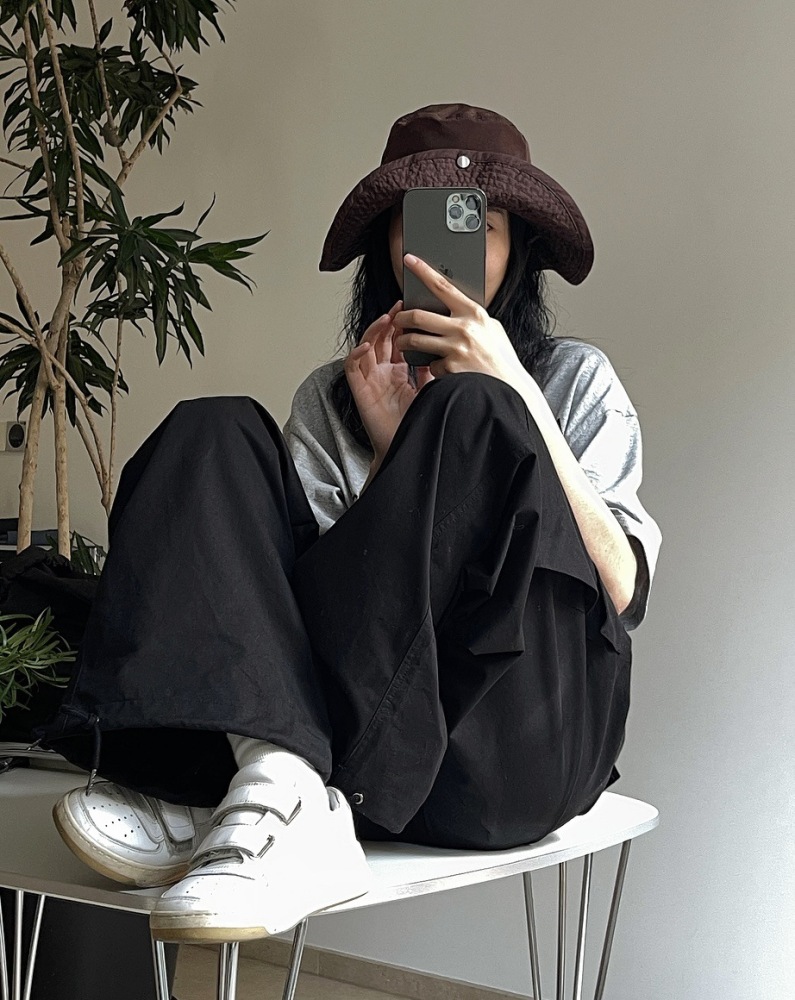 Japanese street stretchy drawstring overalls loose-fitting slim high waisted leg straight leg casual pants