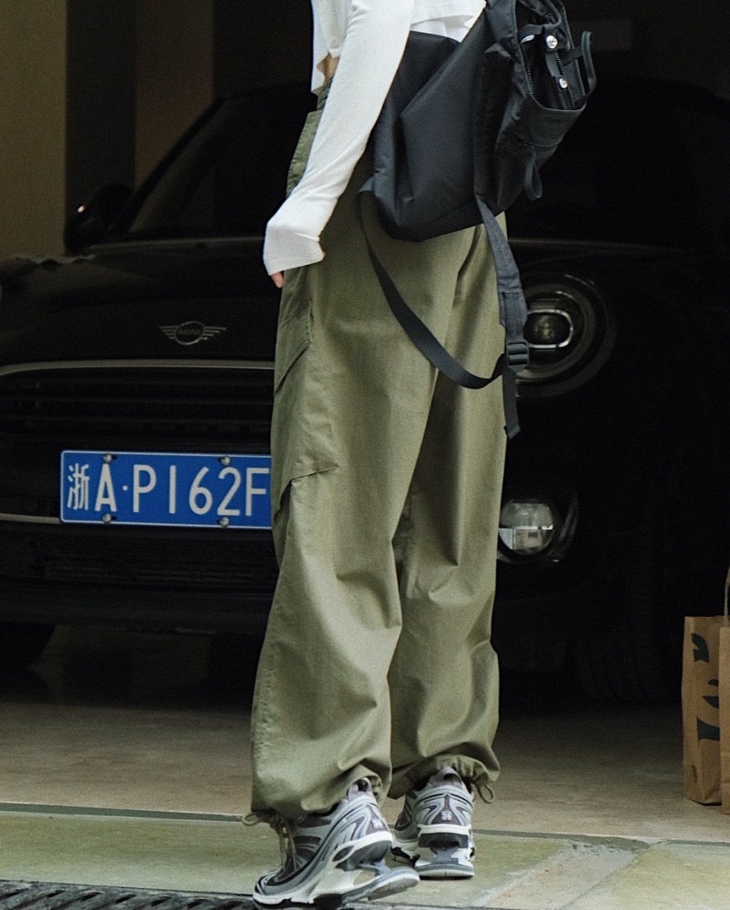 Japanese street stretchy drawstring overalls loose-fitting slim high waisted leg straight leg casual pants