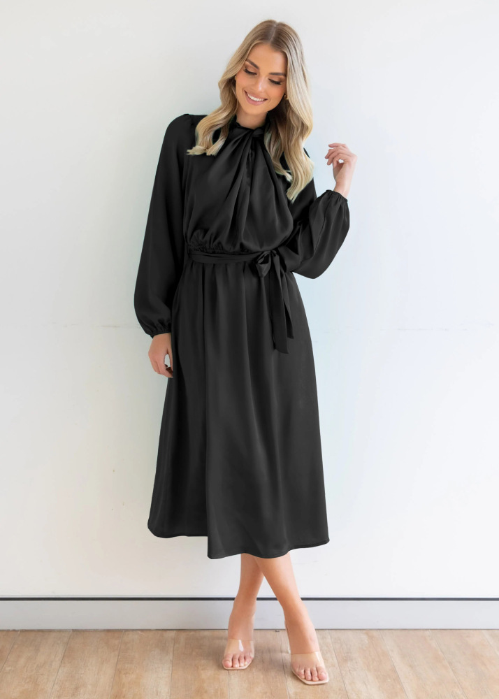 Satin temperament elegant senior sense French dress autumn long sleeve party dress