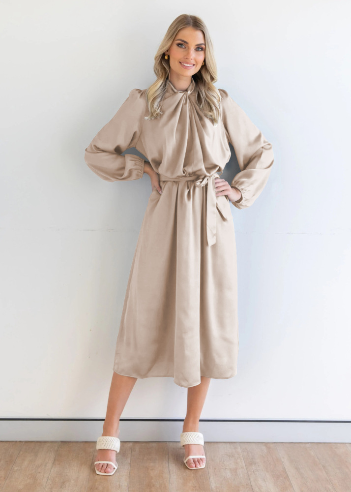 Satin temperament elegant senior sense French dress autumn long sleeve party dress