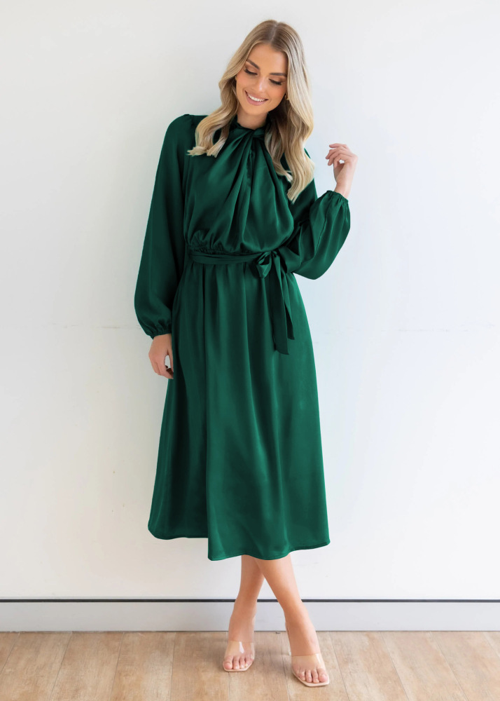 Satin temperament elegant senior sense French dress autumn long sleeve party dress