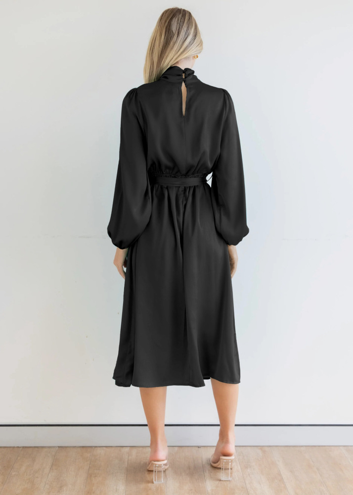Satin temperament elegant senior sense French dress autumn long sleeve party dress