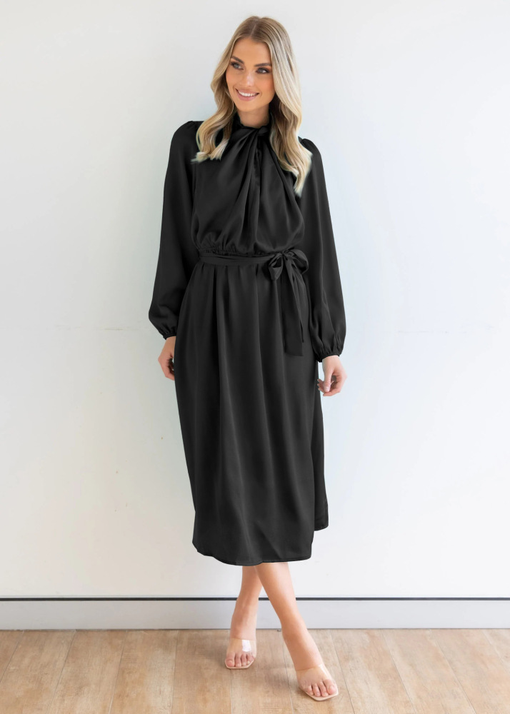 Satin temperament elegant senior sense French dress autumn long sleeve party dress