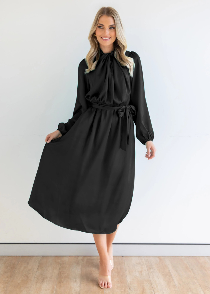 Satin temperament elegant senior sense French dress autumn long sleeve party dress