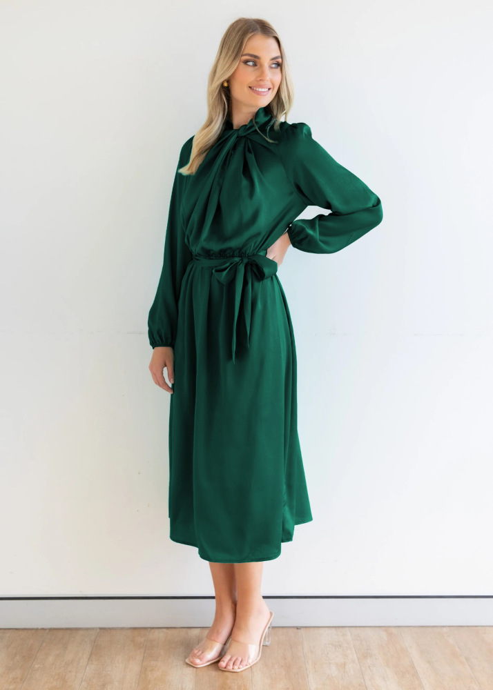 Satin temperament elegant senior sense French dress autumn long sleeve party dress