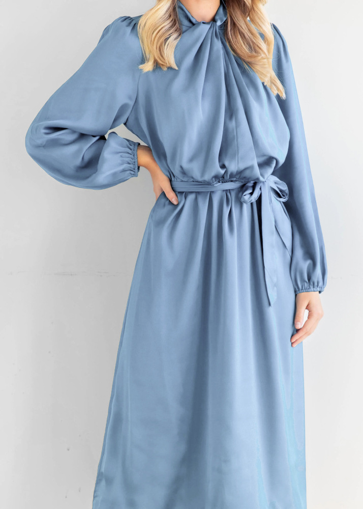 Satin temperament elegant senior sense French dress autumn long sleeve party dress