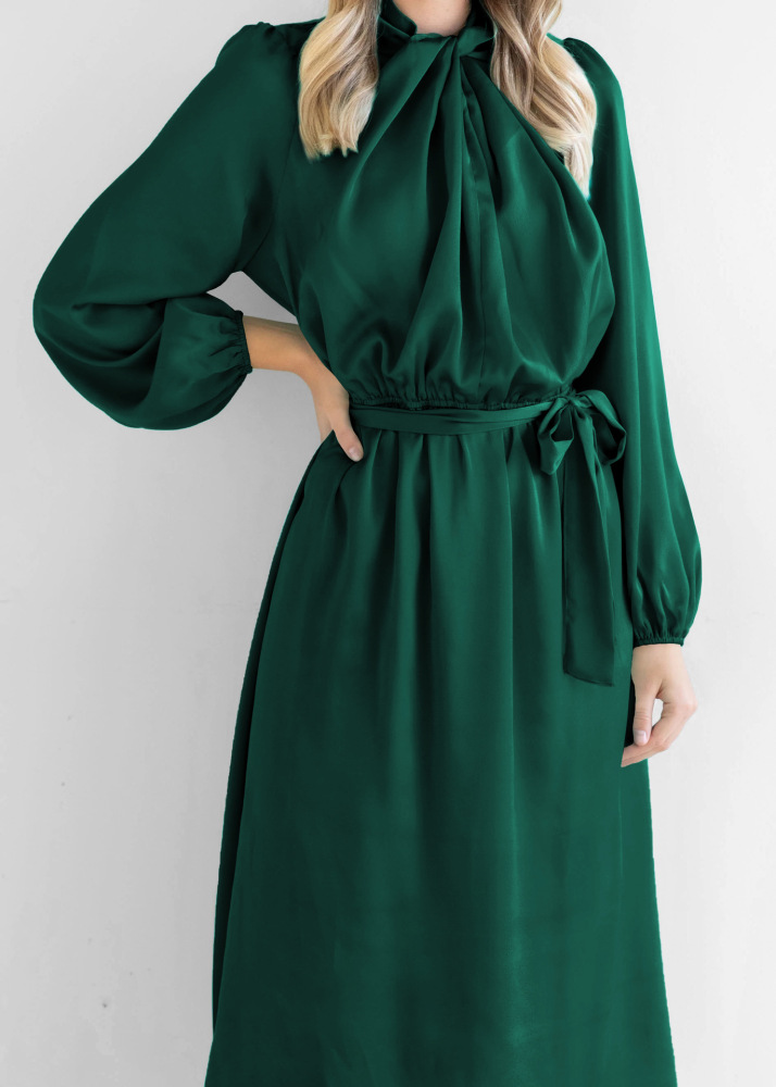 Satin temperament elegant senior sense French dress autumn long sleeve party dress