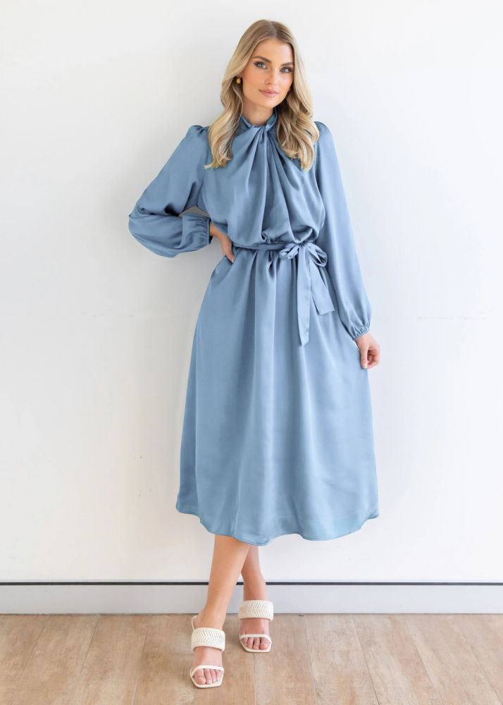 Satin temperament elegant senior sense French dress autumn long sleeve party dress