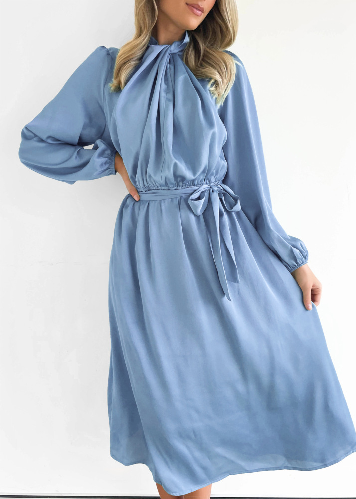 Satin temperament elegant senior sense French dress autumn long sleeve party dress