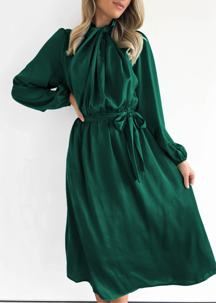 Satin temperament elegant senior sense French dress autumn long sleeve party dress