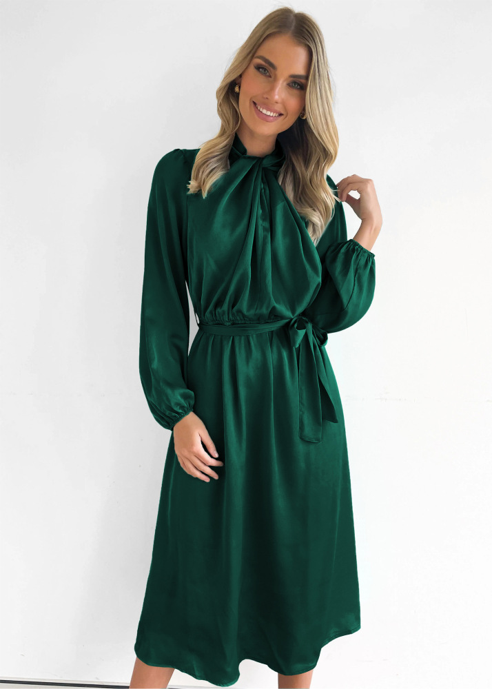Satin temperament elegant senior sense French dress autumn long sleeve party dress