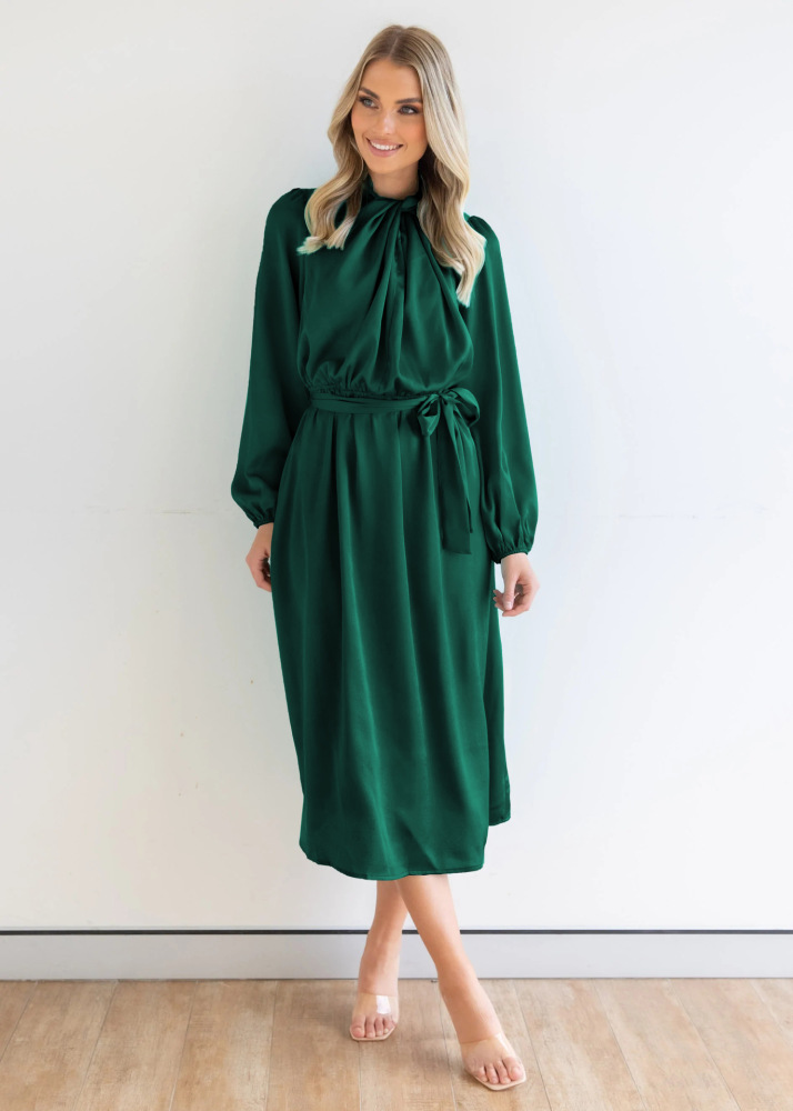 Satin temperament elegant senior sense French dress autumn long sleeve party dress
