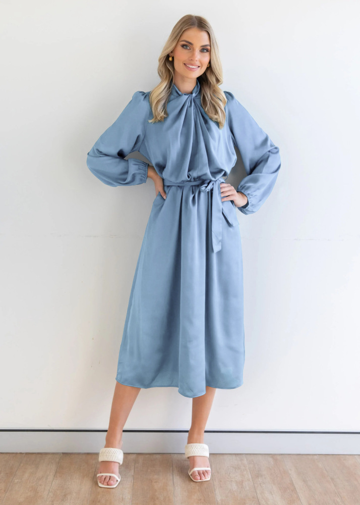 Satin temperament elegant senior sense French dress autumn long sleeve party dress