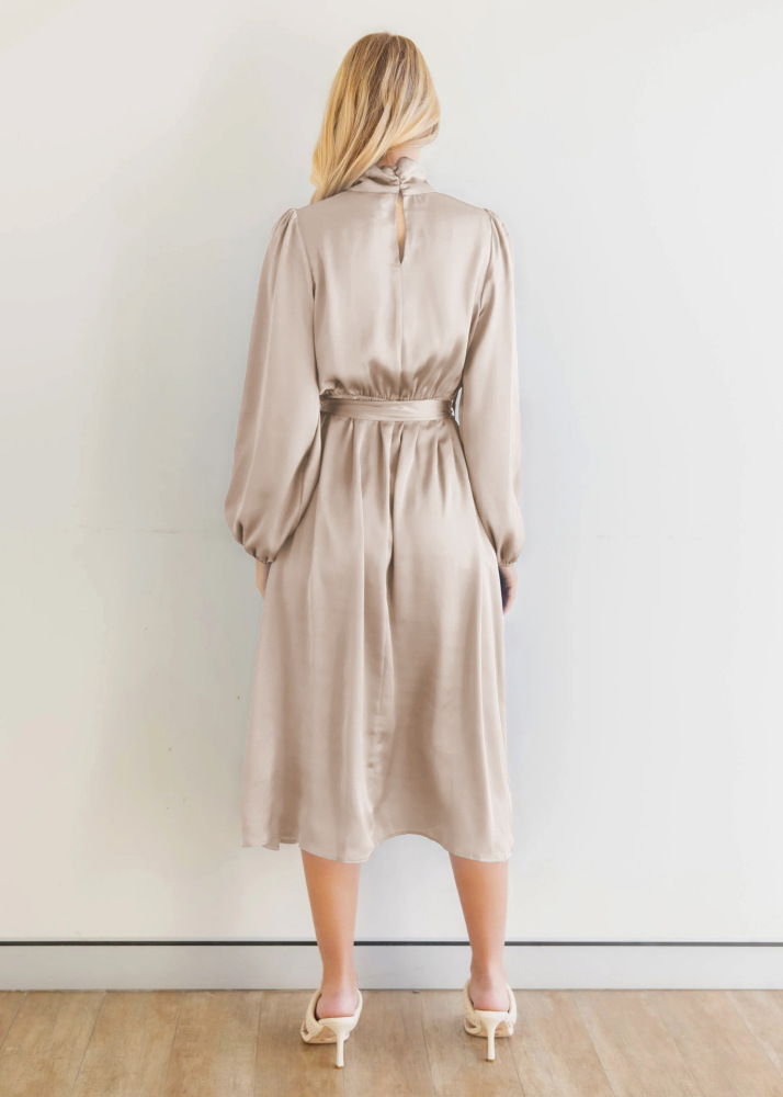 Satin temperament elegant senior sense French dress autumn long sleeve party dress