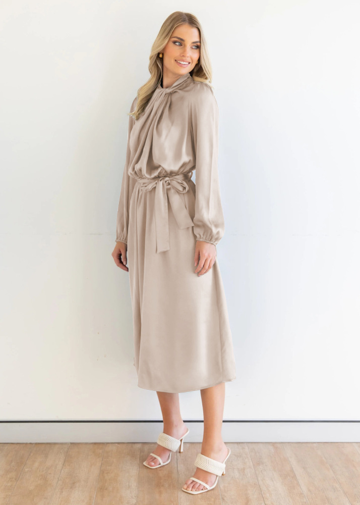 Satin temperament elegant senior sense French dress autumn long sleeve party dress