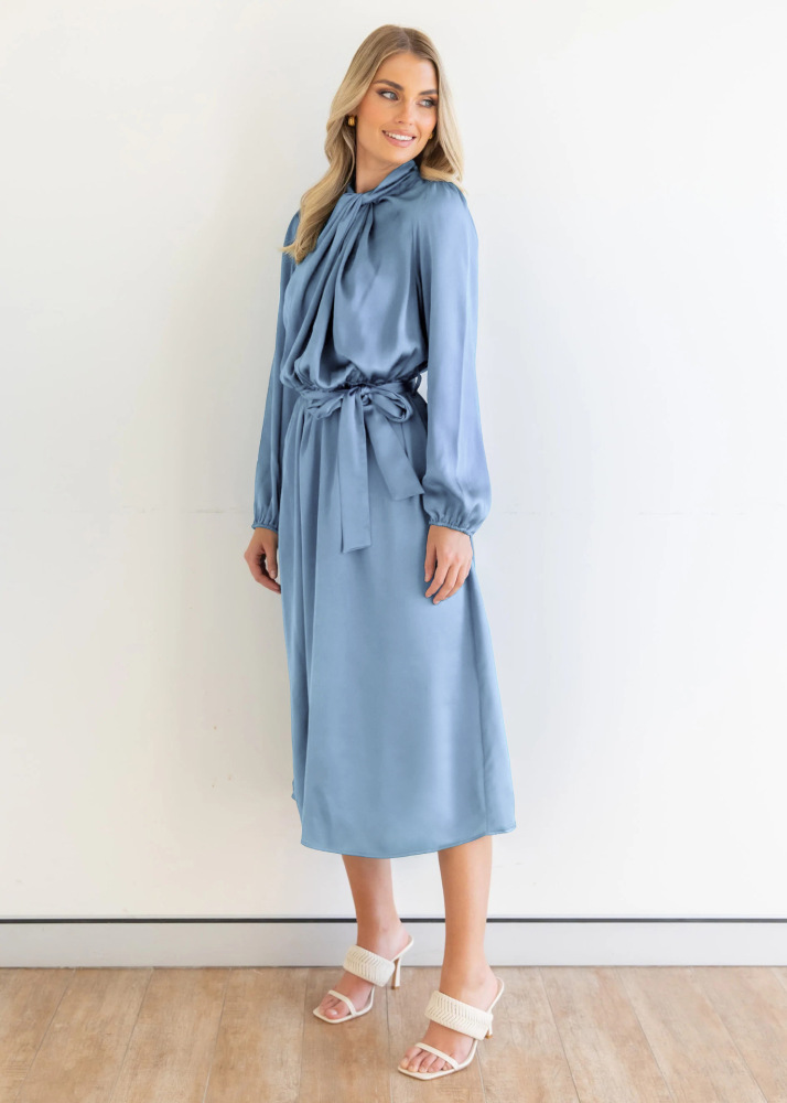 Satin temperament elegant senior sense French dress autumn long sleeve party dress