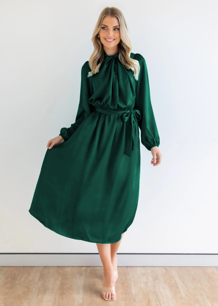 Satin temperament elegant senior sense French dress autumn long sleeve party dress