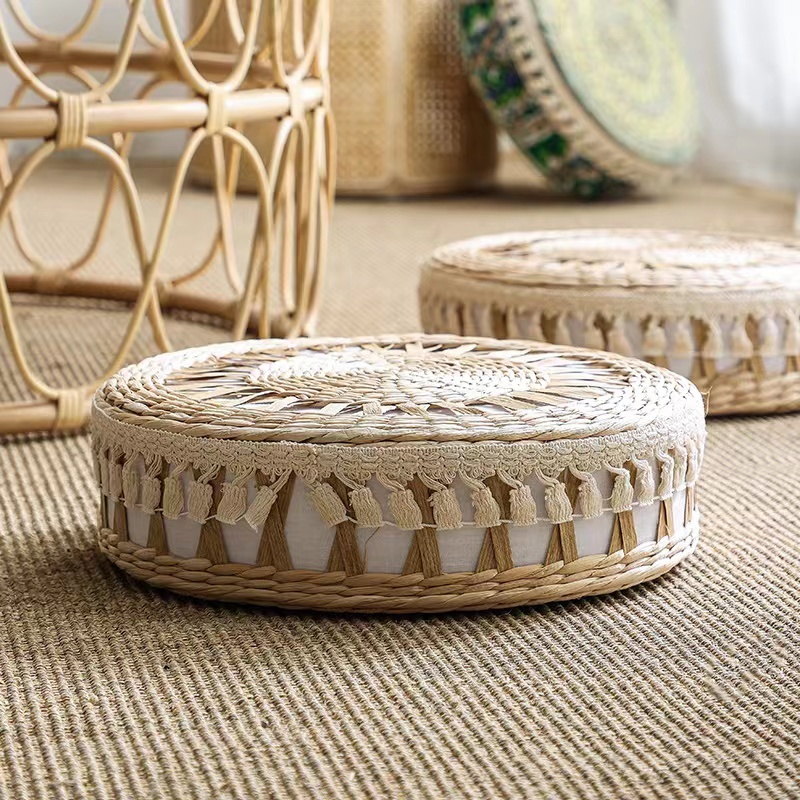 Floor Pillow Eco Friendly Round Straw Cushion Hand Woven Tatami Floor Mat Yoga Tea Ceremony Meditation Pad