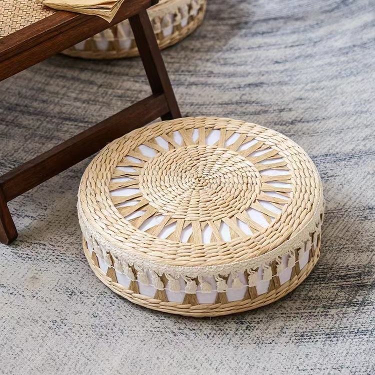 Floor Pillow Eco Friendly Round Straw Cushion Hand Woven Tatami Floor Mat Yoga Tea Ceremony Meditation Pad