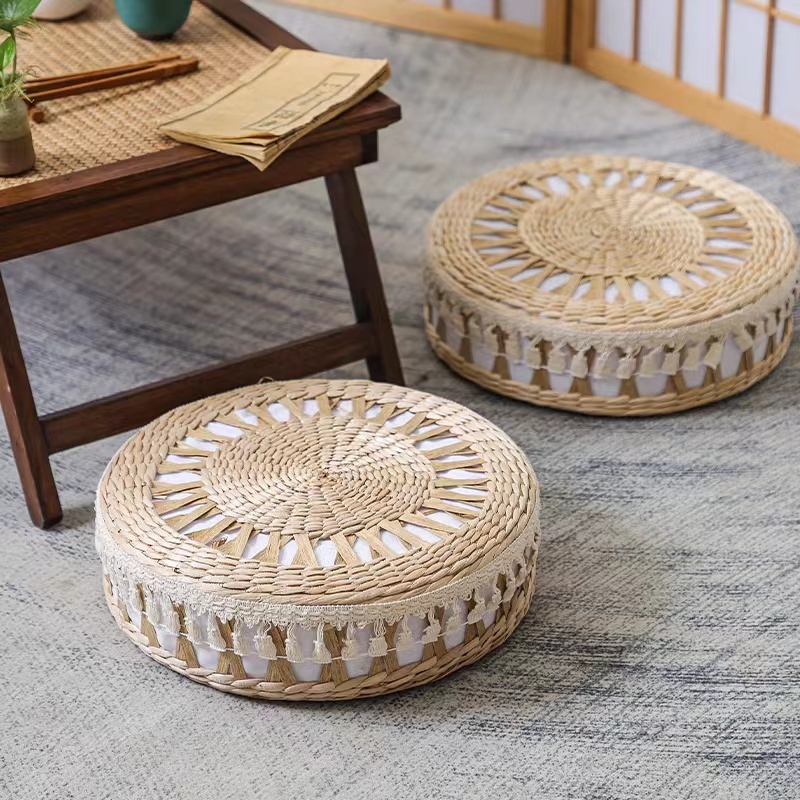 Floor Pillow Eco Friendly Round Straw Cushion Hand Woven Tatami Floor Mat Yoga Tea Ceremony Meditation Pad