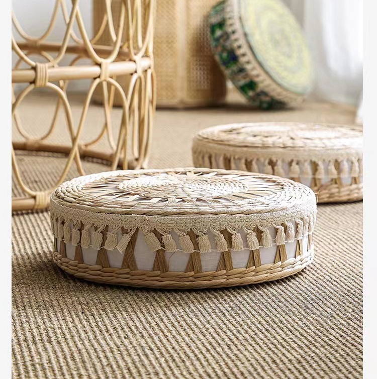 Floor Pillow Eco Friendly Round Straw Cushion Hand Woven Tatami Floor Mat Yoga Tea Ceremony Meditation Pad
