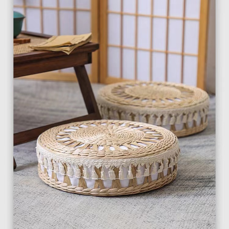 Floor Pillow Eco Friendly Round Straw Cushion Hand Woven Tatami Floor Mat Yoga Tea Ceremony Meditation Pad