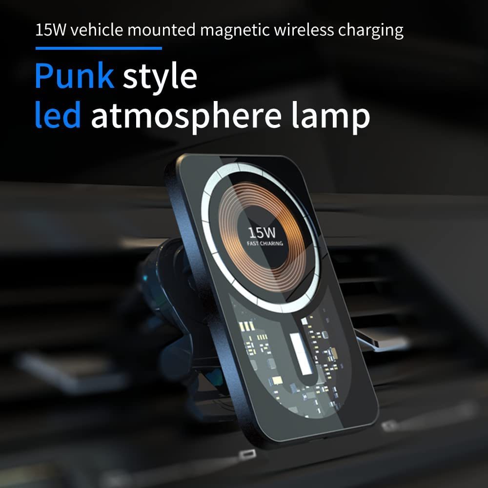 Magnetic Wireless Car Charger Mount, 15W Qi Fast Charging Car Charger Phone Mount Dashboard Vents Phone Mount Compatible