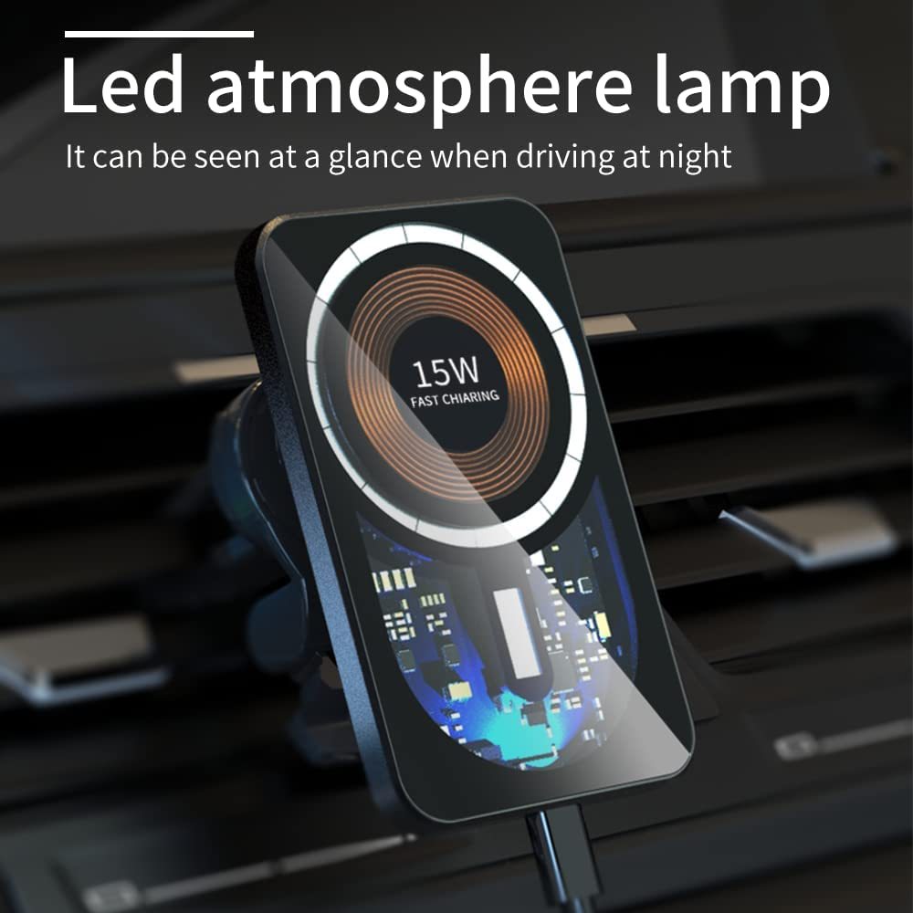 Magnetic Wireless Car Charger Mount, 15W Qi Fast Charging Car Charger Phone Mount Dashboard Vents Phone Mount Compatible