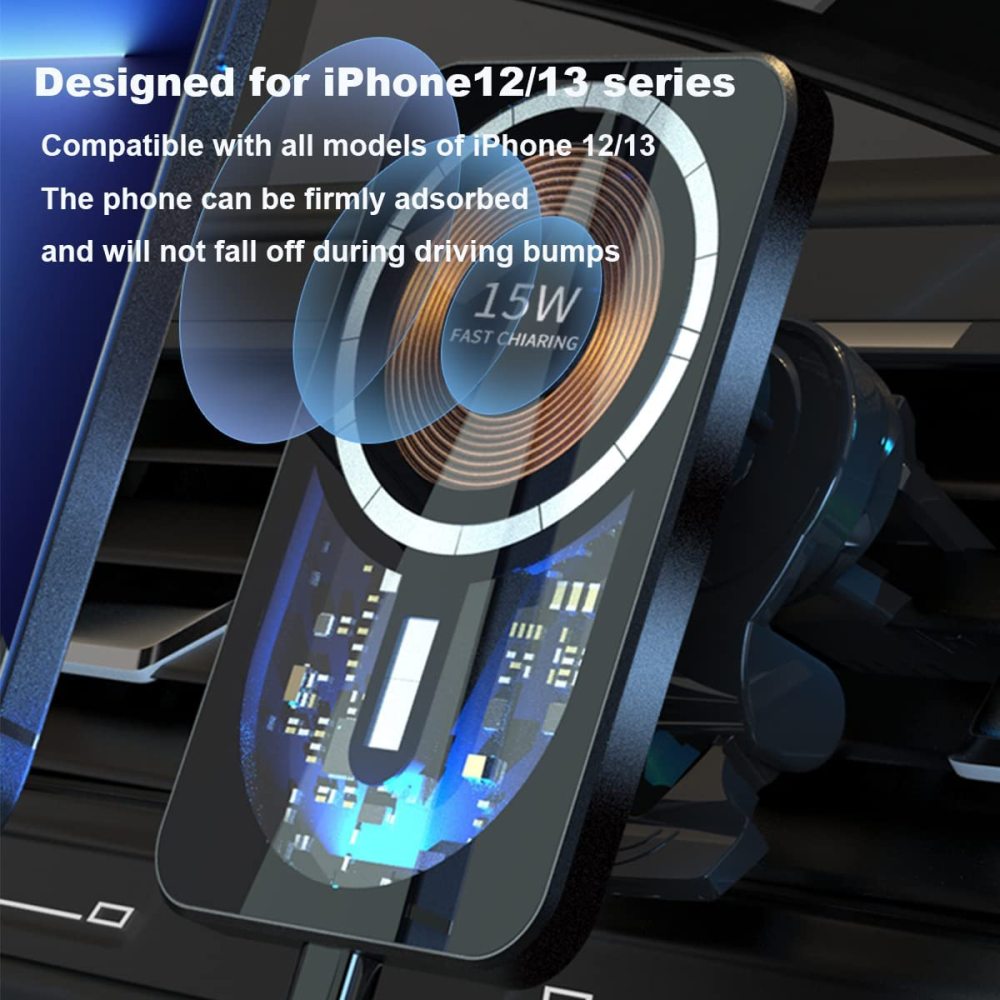 Magnetic Wireless Car Charger Mount, 15W Qi Fast Charging Car Charger Phone Mount Dashboard Vents Phone Mount Compatible