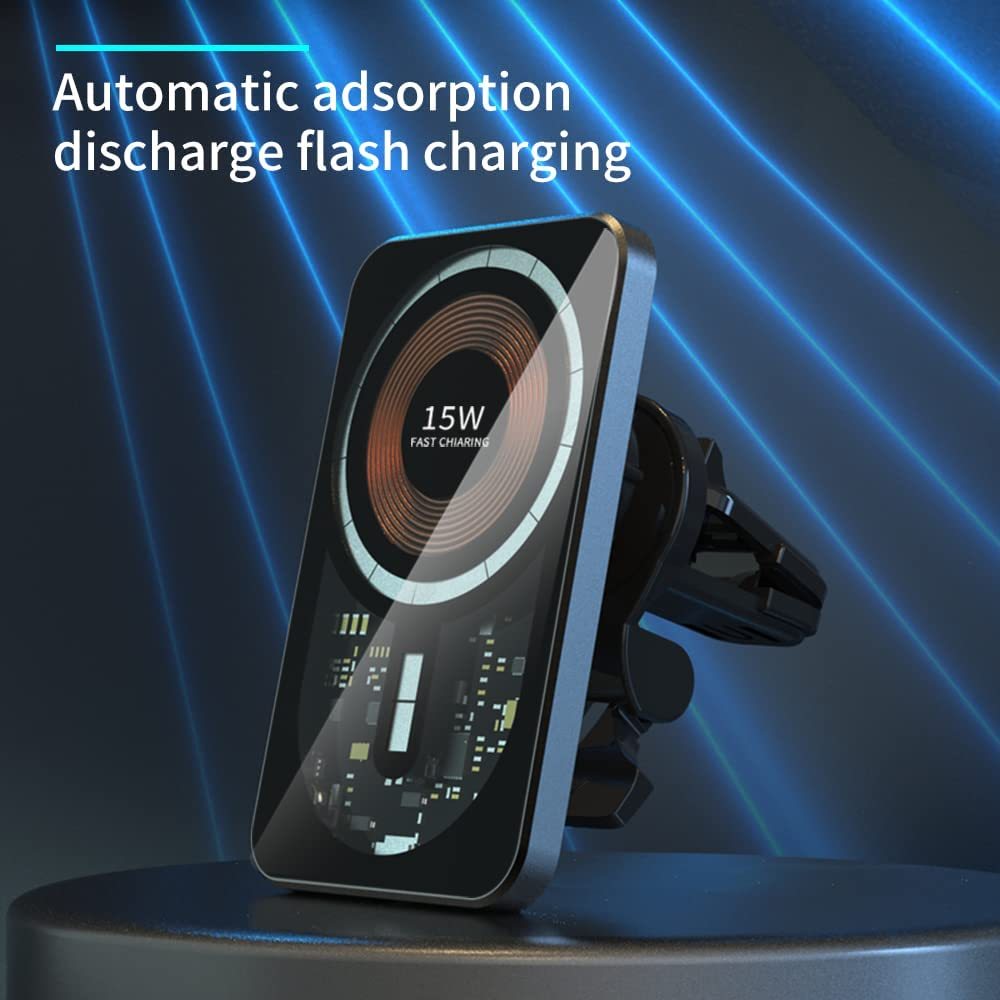 Magnetic Wireless Car Charger Mount, 15W Qi Fast Charging Car Charger Phone Mount Dashboard Vents Phone Mount Compatible