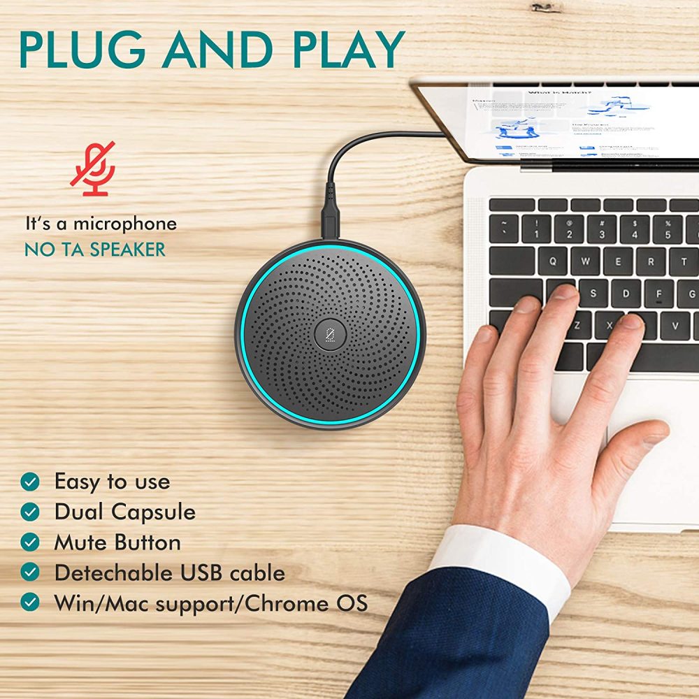 USB Conference Microphone for Computer, 360°Omnidirectional Condenser PC Mic Pick Up Voice 10ft,One-Key Mute,Plug & Play Laptop Desktop Microphone for Video Meeting,Skype,Zoom,Gaming